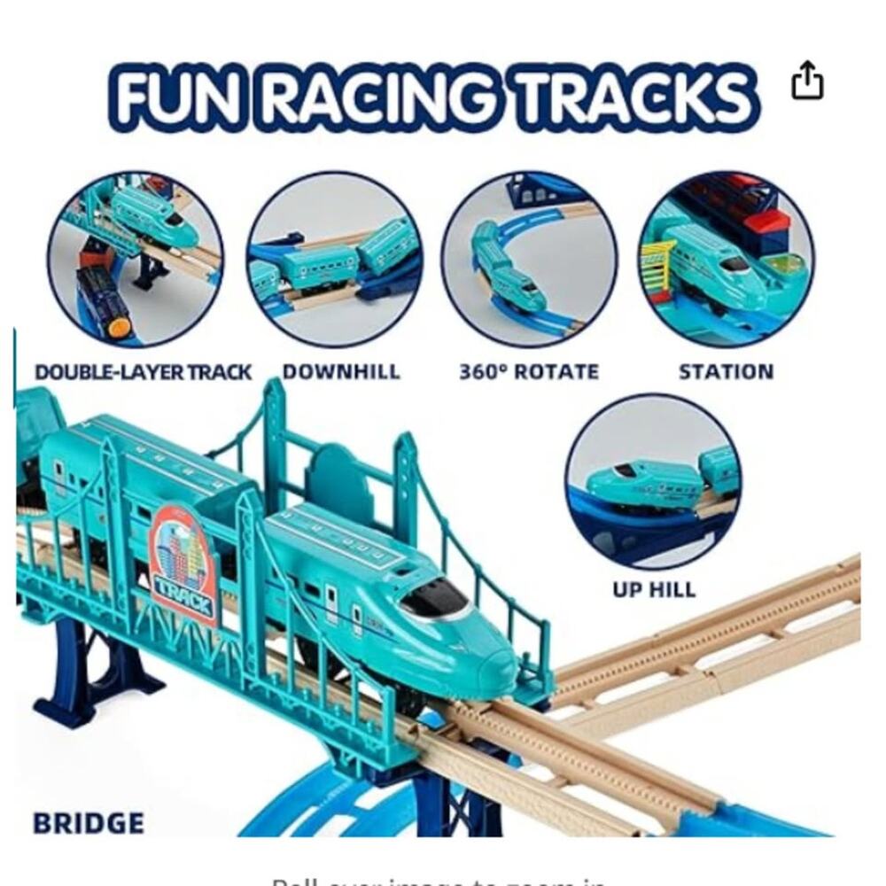 85 pc. Electric Train Set, Bridge, Passngr cars, Track, Lights&Sounds, Recharge